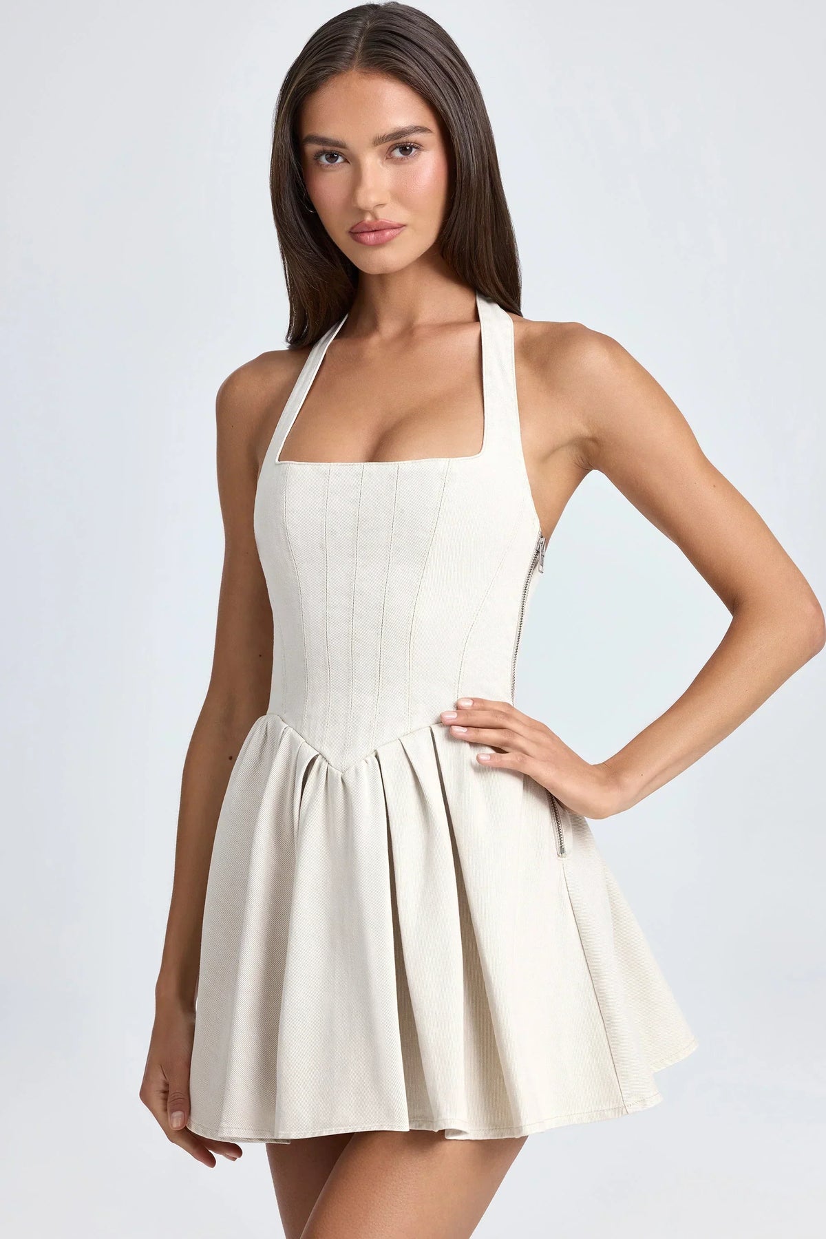 Halter Square Neck Corset Bodice Pleated Skater Mini Dress 5