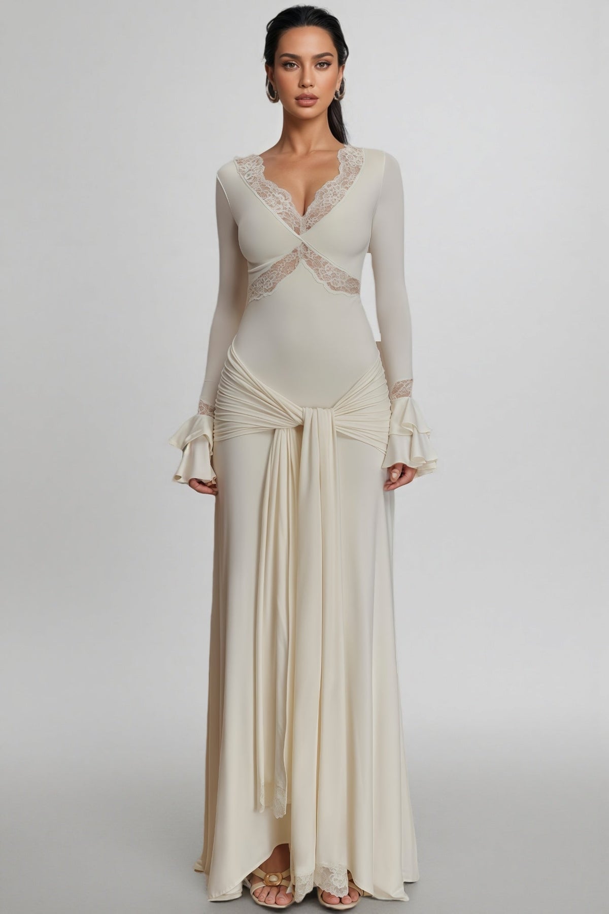 Lace Trim V-Neck Flare Cuff Long Sleeve Tie Waist Maxi Dress