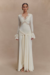 V-Neck Long Sleeve Lace Trim Ruched Maxi Dress 2