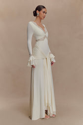 V-Neck Long Sleeve Lace Trim Ruched Maxi Dress 8