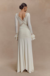 V-Neck Long Sleeve Lace Trim Ruched Maxi Dress 6
