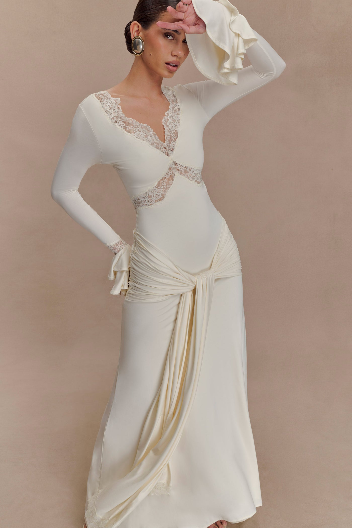 V-Neck Long Sleeve Lace Trim Ruched Maxi Dress 7