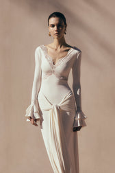 V-Neck Long Sleeve Lace Trim Ruched Maxi Dress