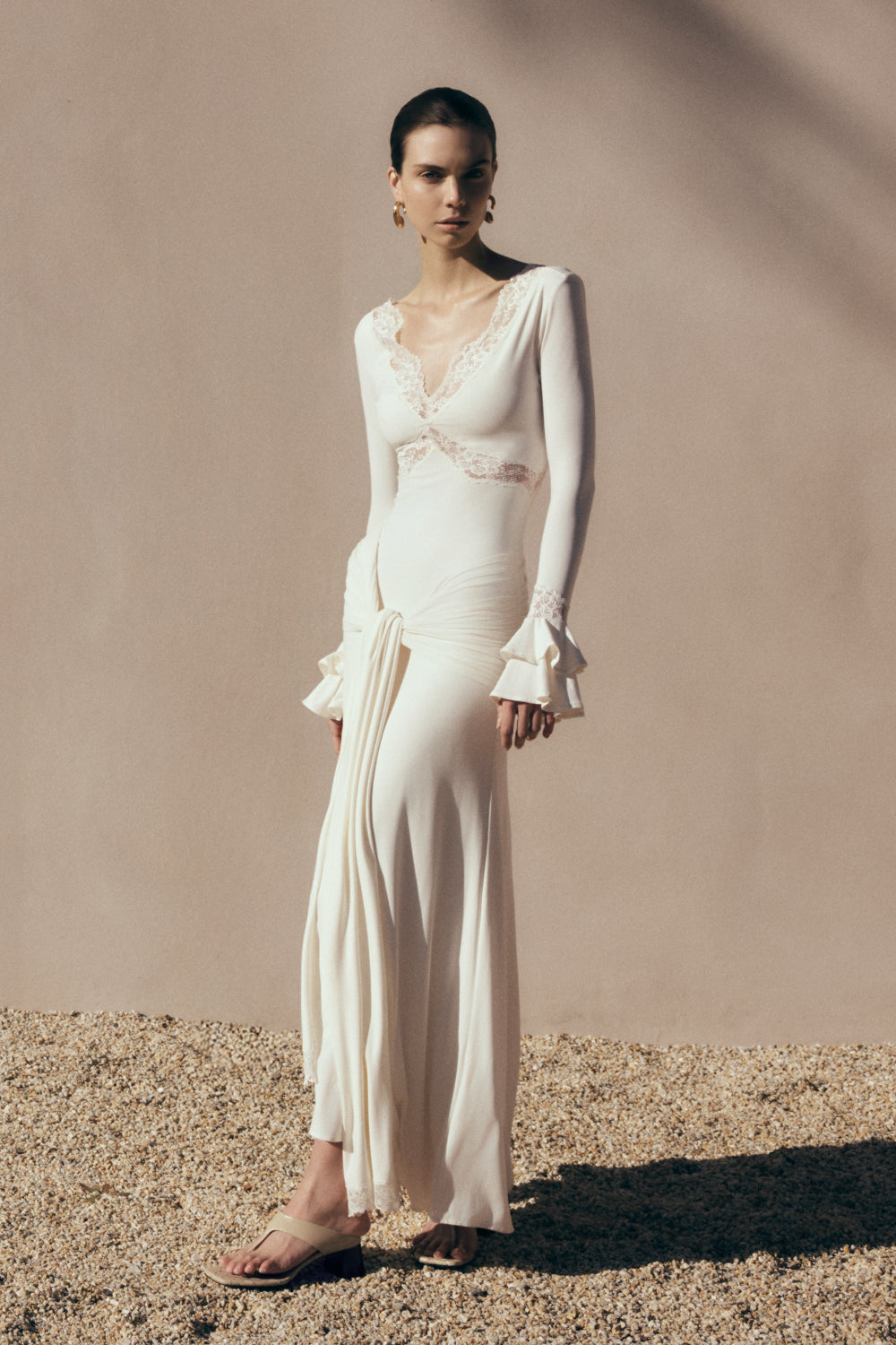 V-Neck Long Sleeve Lace Trim Ruched Maxi Dress 4
