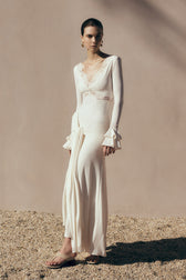 V-Neck Long Sleeve Lace Trim Ruched Maxi Dress 4