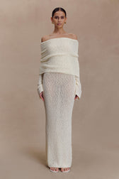 Textured Knit Off Shoulder Long Sleeve Sheer Maxi Dress