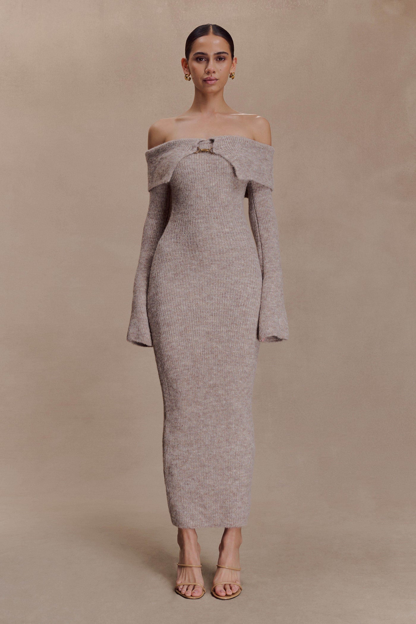 Off Shoulder Long Sleeve Ribbed Knit Bodycon Maxi Dress