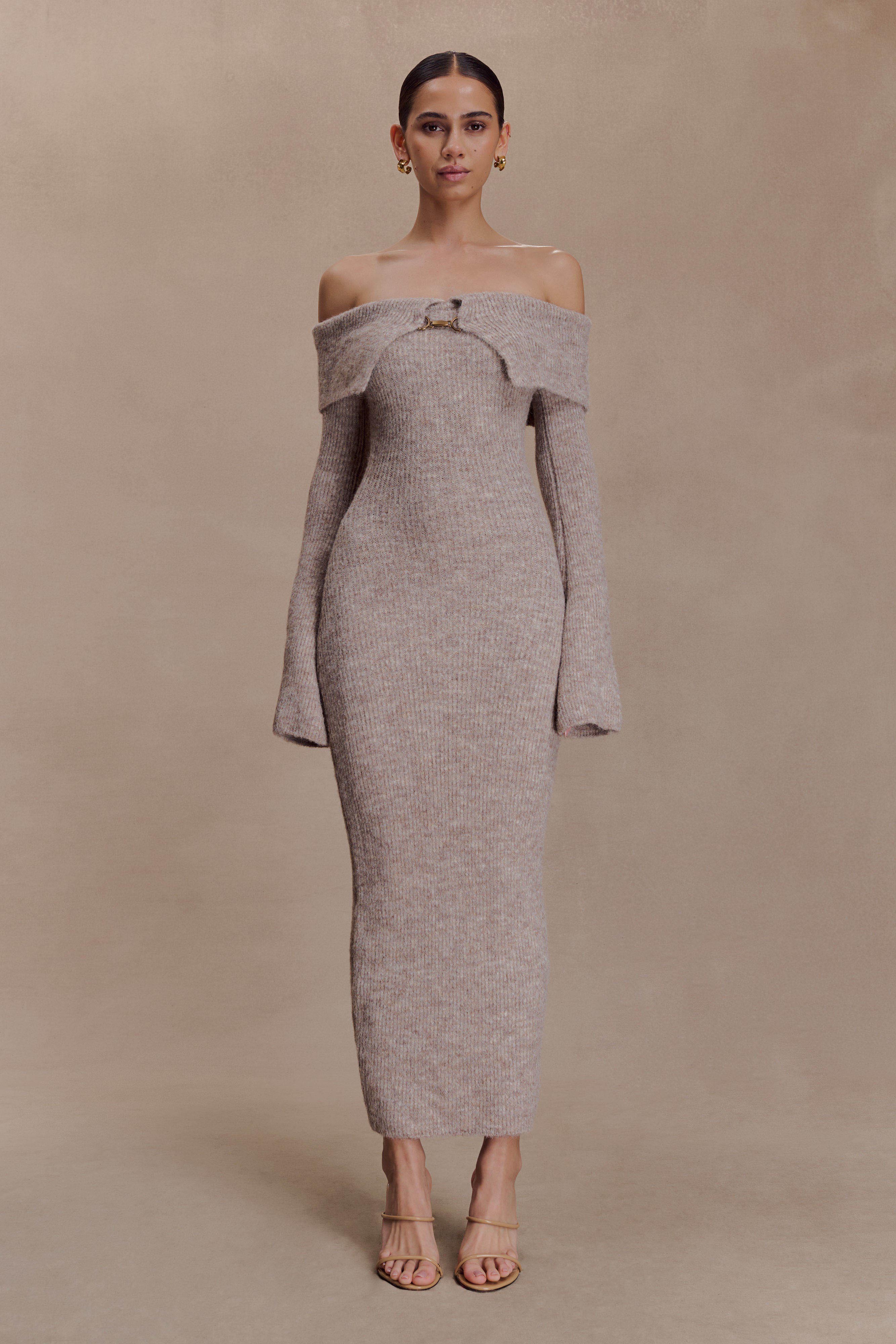 Off Shoulder Long Sleeve Ribbed Knit Bodycon Maxi Dress