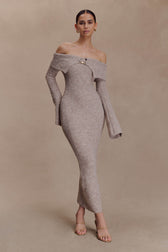 Off Shoulder Long Sleeve Ribbed Knit Bodycon Maxi Dress 6