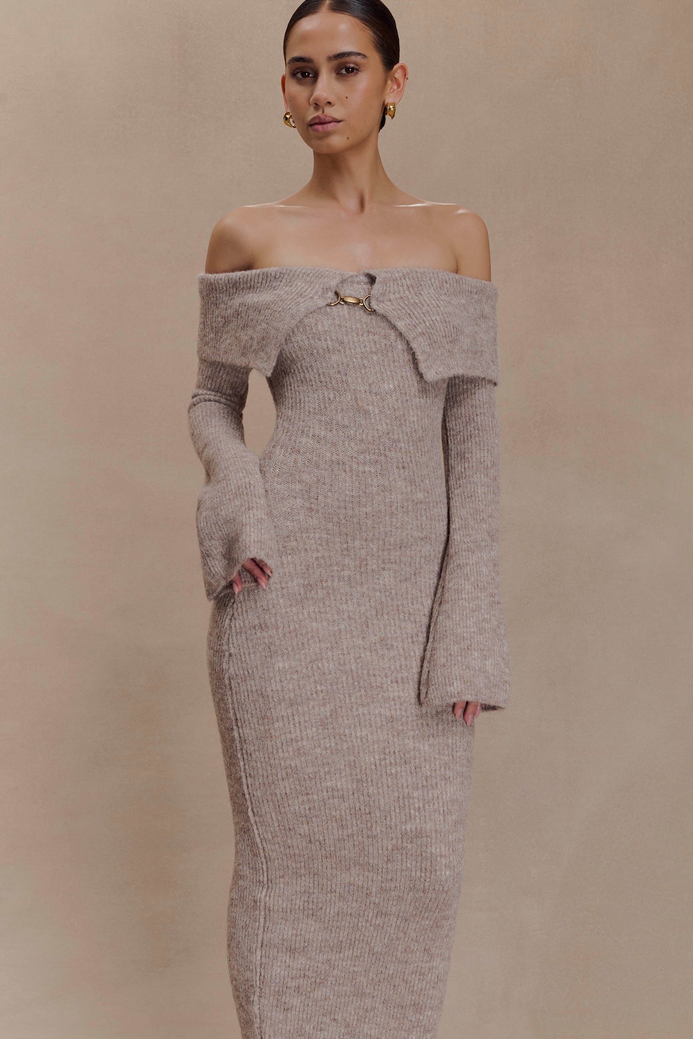 Off Shoulder Long Sleeve Ribbed Knit Bodycon Maxi Dress 4