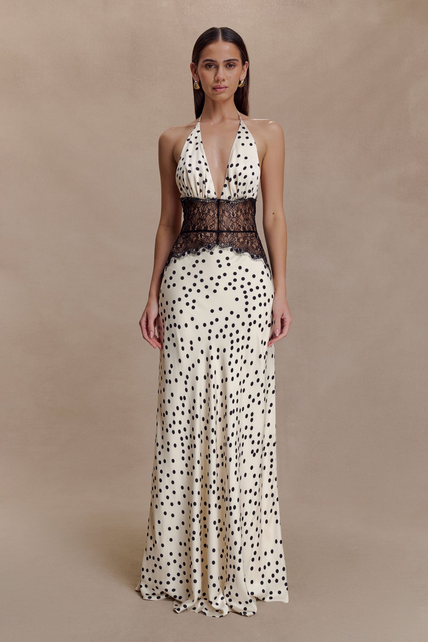 Polka Dot Satin Halter Deep V-Neck Lace Trim Maxi Dress