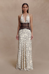 Polka Dot Satin Halter Deep V-Neck Lace Trim Maxi Dress
