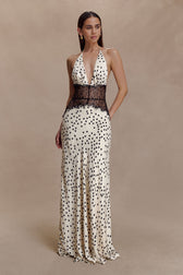 Polka Dot Satin Halter Deep V-Neck Lace Trim Maxi Dress 4