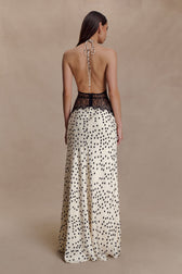 Polka Dot Satin Halter Deep V-Neck Lace Trim Maxi Dress 2