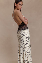 Polka Dot Satin Halter Deep V-Neck Lace Trim Maxi Dress 6