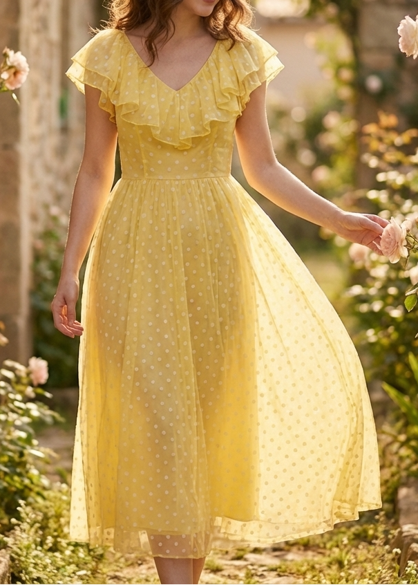 Stylish Yellow V Neck Ruffled Print Chiffon Long Dress Summer