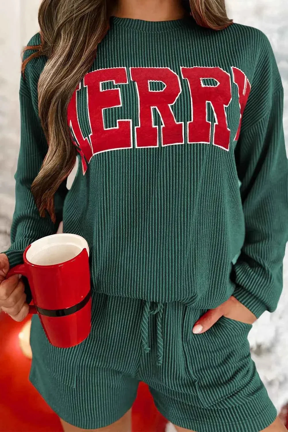 Merry Graphic Ribbed Long Sleeve Top and Drawstring Shorts Two Piece Set 11