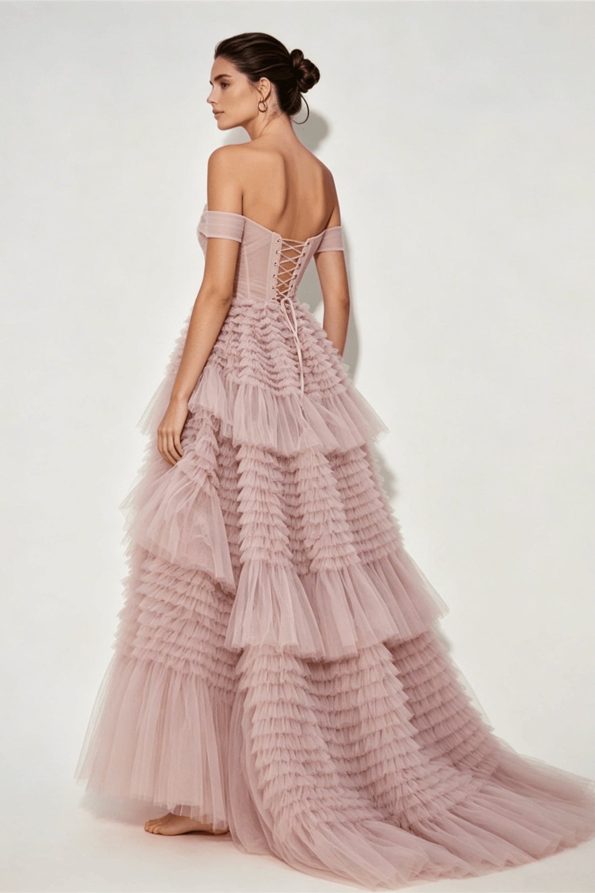 Off Shoulder Lace Up Corset Back Tiered Ruffle Tulle Ball Gown