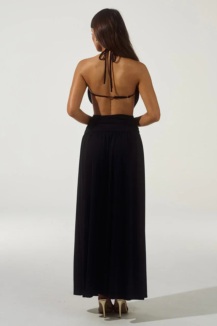 Halter Neck Cross Front Cut Out Open Back High Split Maxi Dress 2