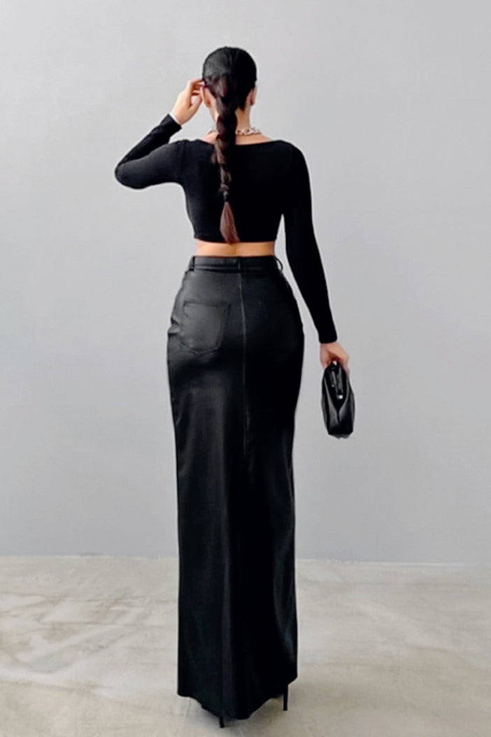Faux Leather High Waist Front Slit Column Maxi Skirt 3