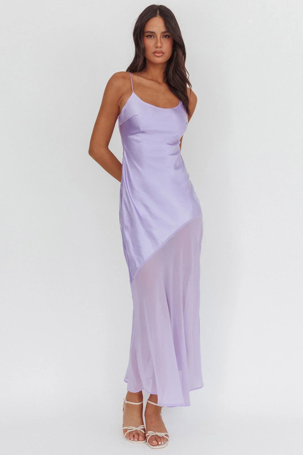 Satin Spaghetti Strap Asymmetric Sheer Chiffon Hem Maxi Dress 3
