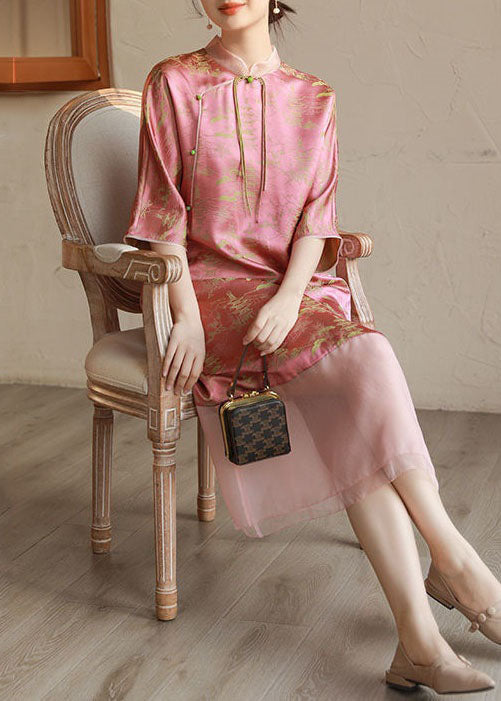 Jacquard Mandarin Collar Tassel Tie Three Quarter Sleeve Sheer Panel Hem Midi Dress