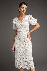 White Lace Overlay V-Neck Rhinestone Detail Midi Dress