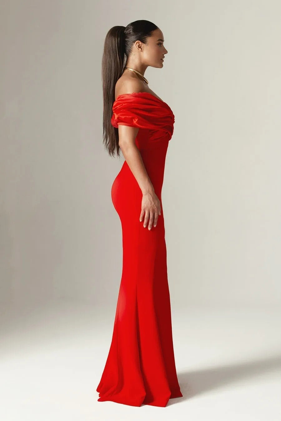 Satin Off Shoulder Ruched High Split Mermaid Gown