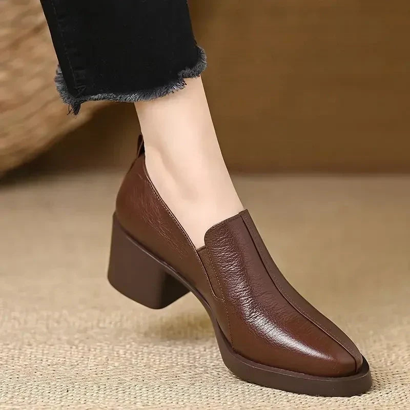 Pointed Toe Slip On Block Heel Loafer Pumps