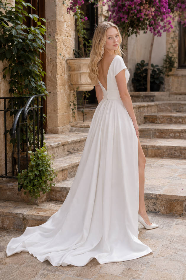Satin V-Neck Cap Sleeve Pleated Bodice High Split A-Line Train Gown 3