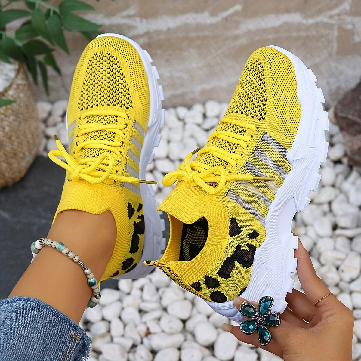 Lace Up Leopard Print Knit Chunky Sneakers