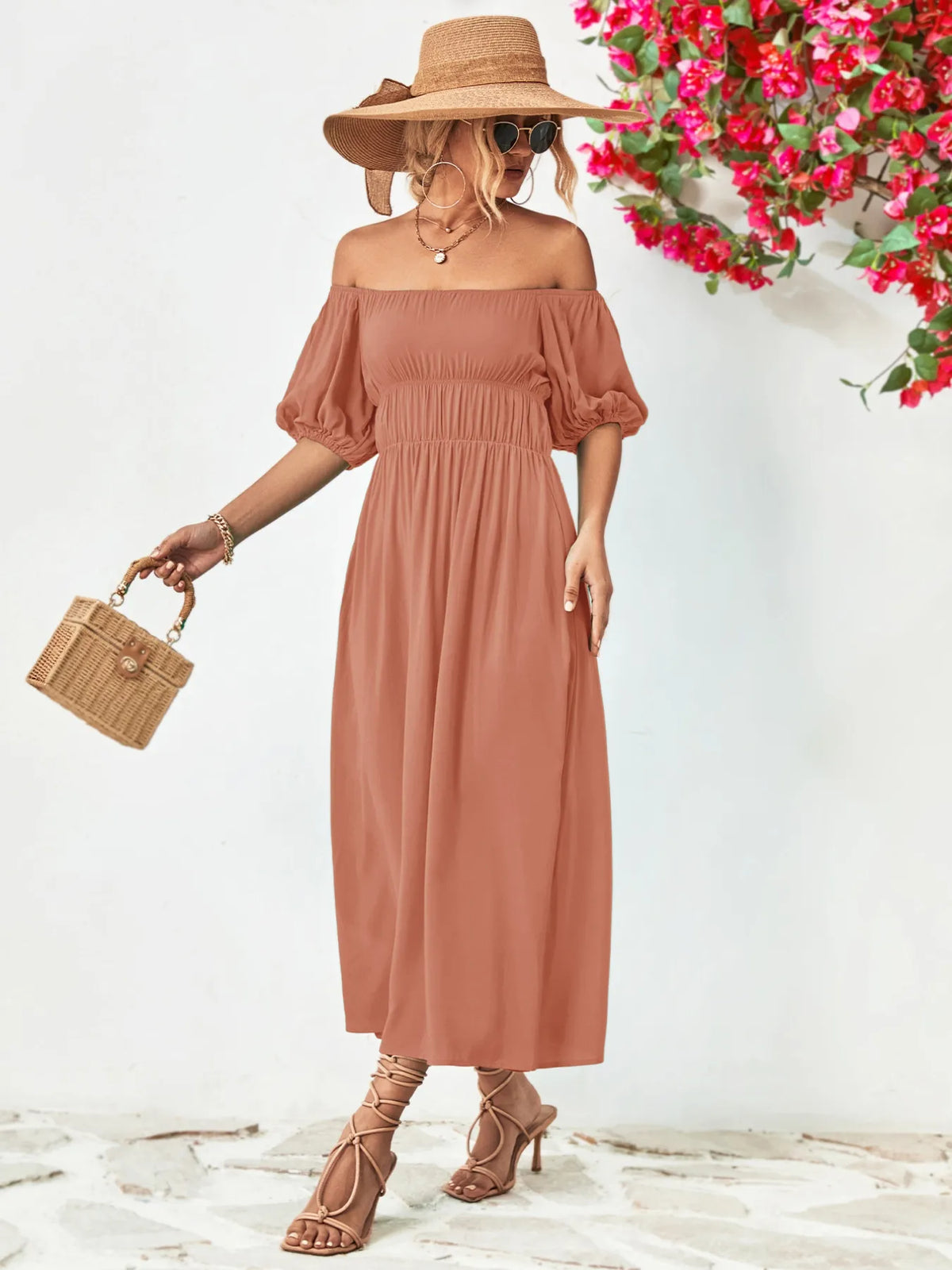 Off-Shoulder Puff Sleeve Smocked Maxi Dress