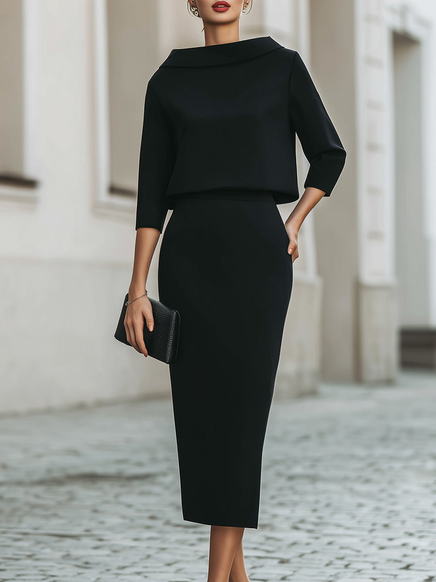Cowl Neck Top and Straight Midi Skirt Two Piece Set