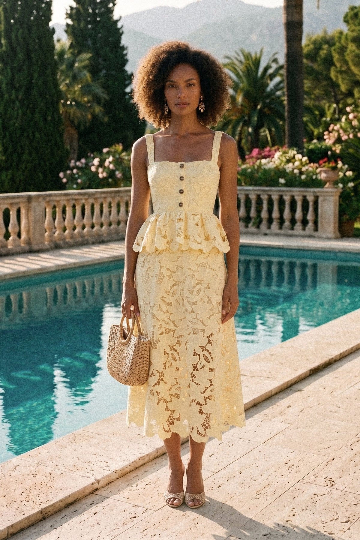 Square Neck Button Front Scallop Lace Peplum Midi Dress