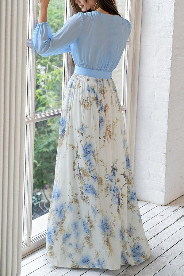 Floral Chiffon Deep V-Neck Bishop Sleeve Maxi Dress