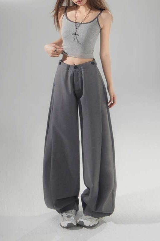 High Waist Button Tab Pleated Balloon Wide Leg Trousers 2