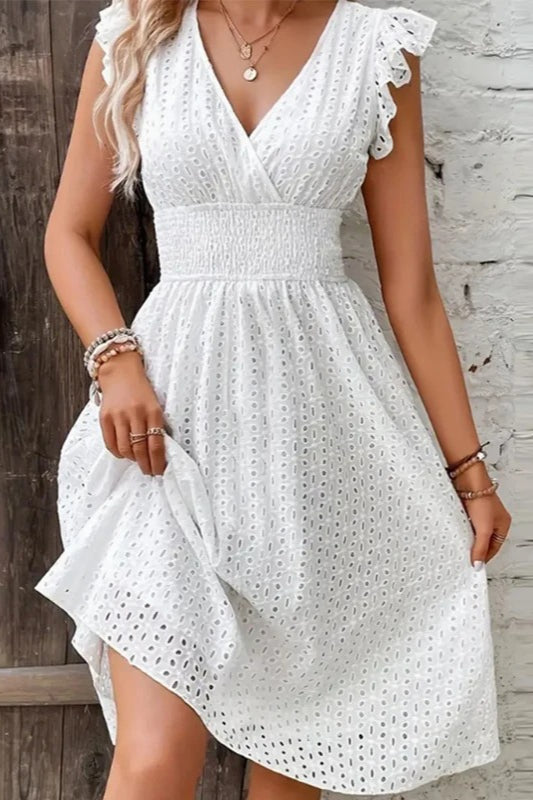 Eyelet Embroidered Surplice V-Neck Ruffle Sleeve Smocked Waist Midi Dress