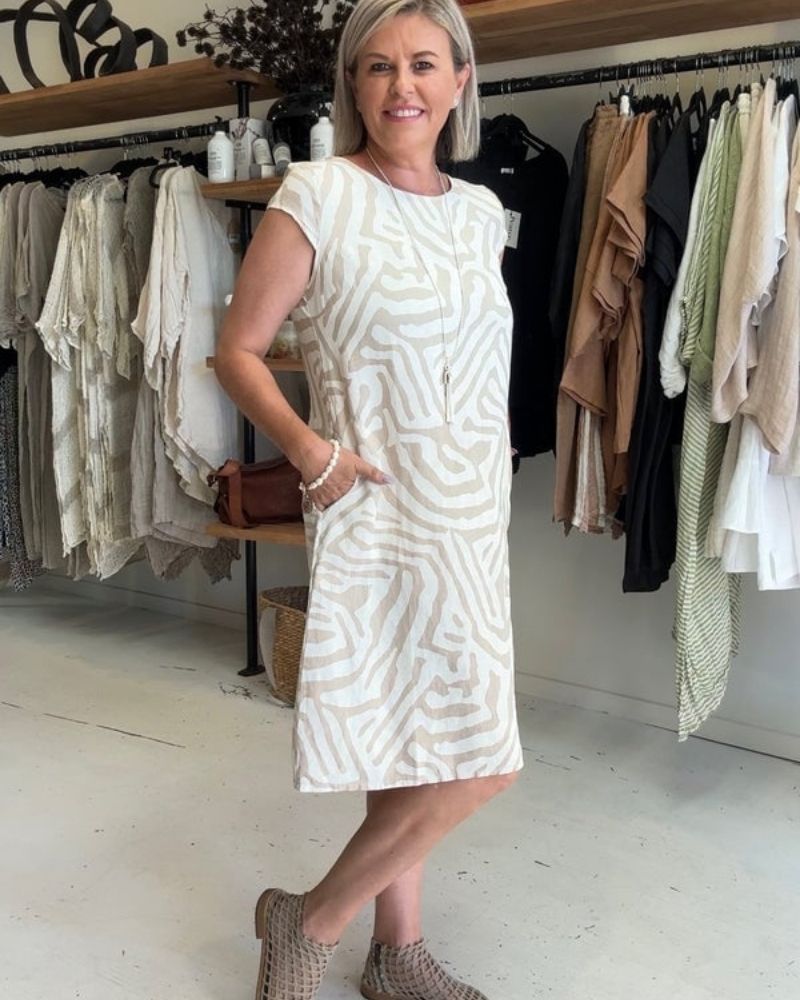 Abstract Print Short Sleeve Midi Dress with Pockets 5