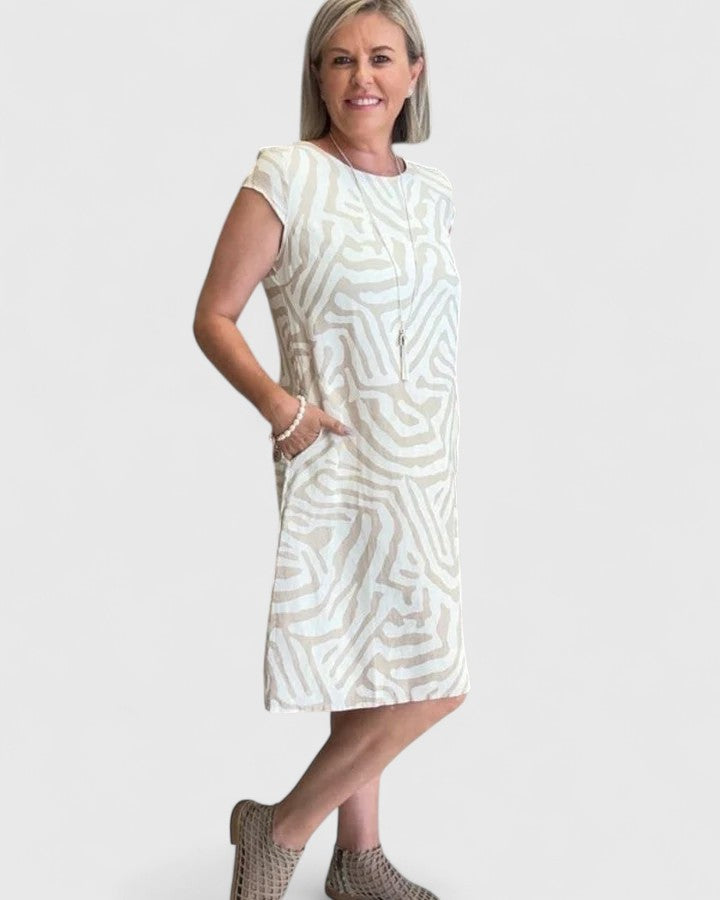 Abstract Print Round Neck Cap Sleeve Pocket Shift Dress