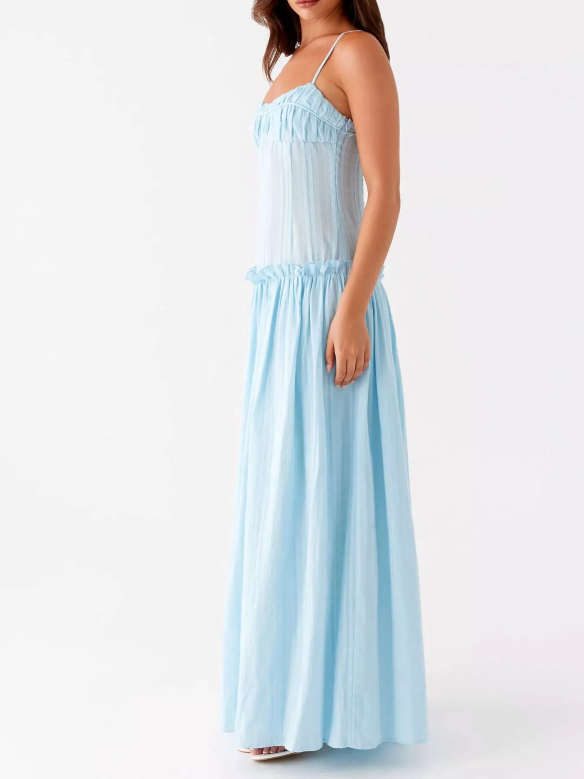 Ruched Bust Drop Waist Ruffle Trim Cami Maxi Dress 2