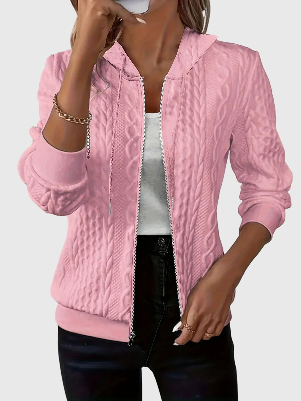 Cable Textured Zip Front Drawstring Hooded Jacket