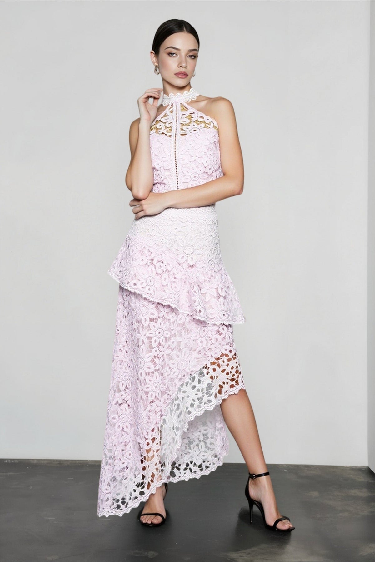Lace Halter Neck Top and Asymmetric Ruffle Skirt Two Piece Set 7