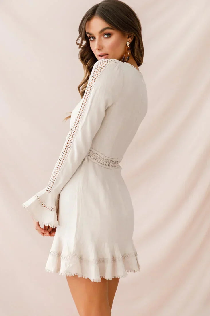Lace Trim Crew Neck Bell Sleeve Tie Waist Ruffle Hem Mini Dress 7