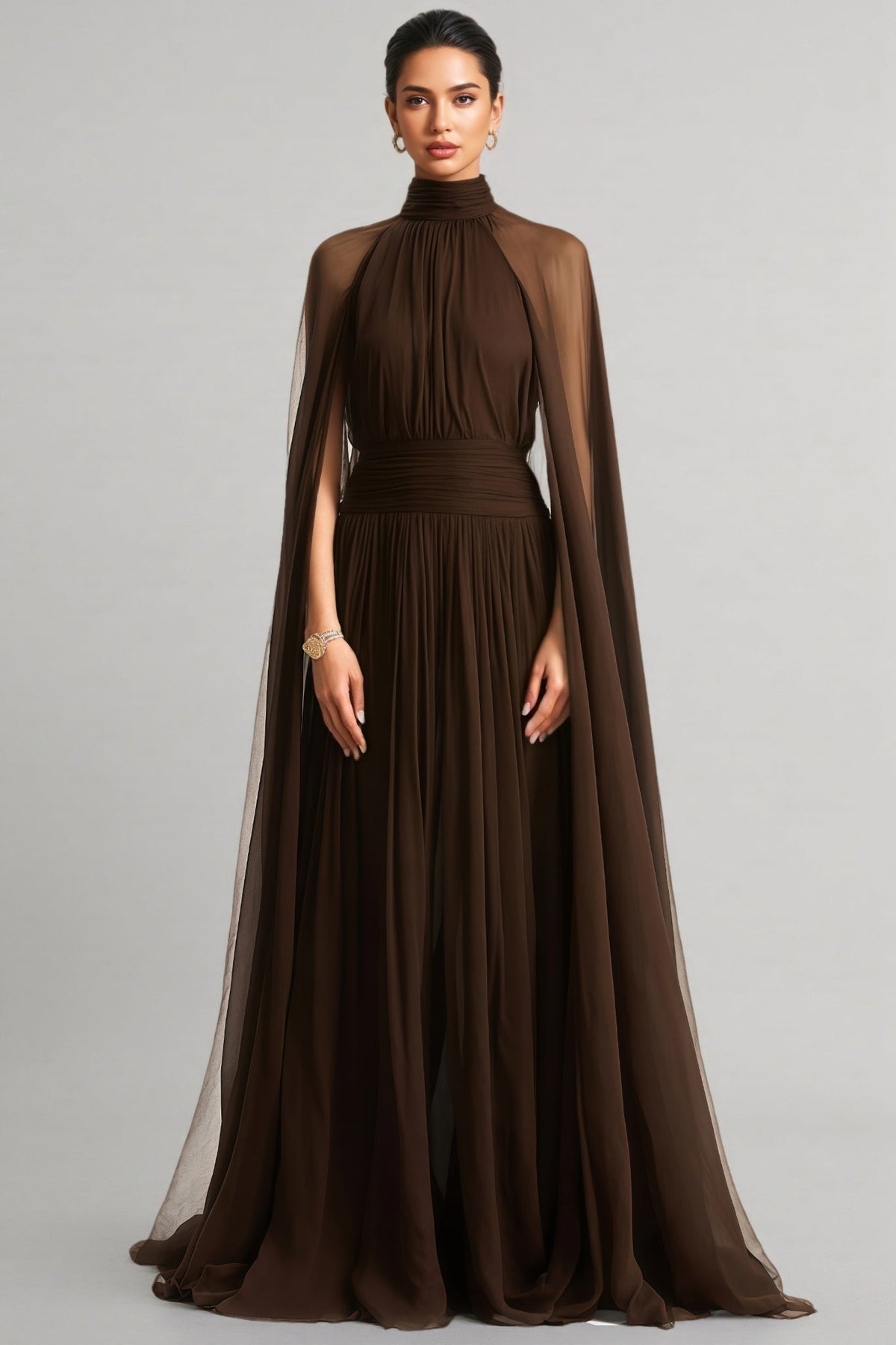 High Neck Sheer Cape Sleeve Ruched Waist Chiffon Maxi Gown