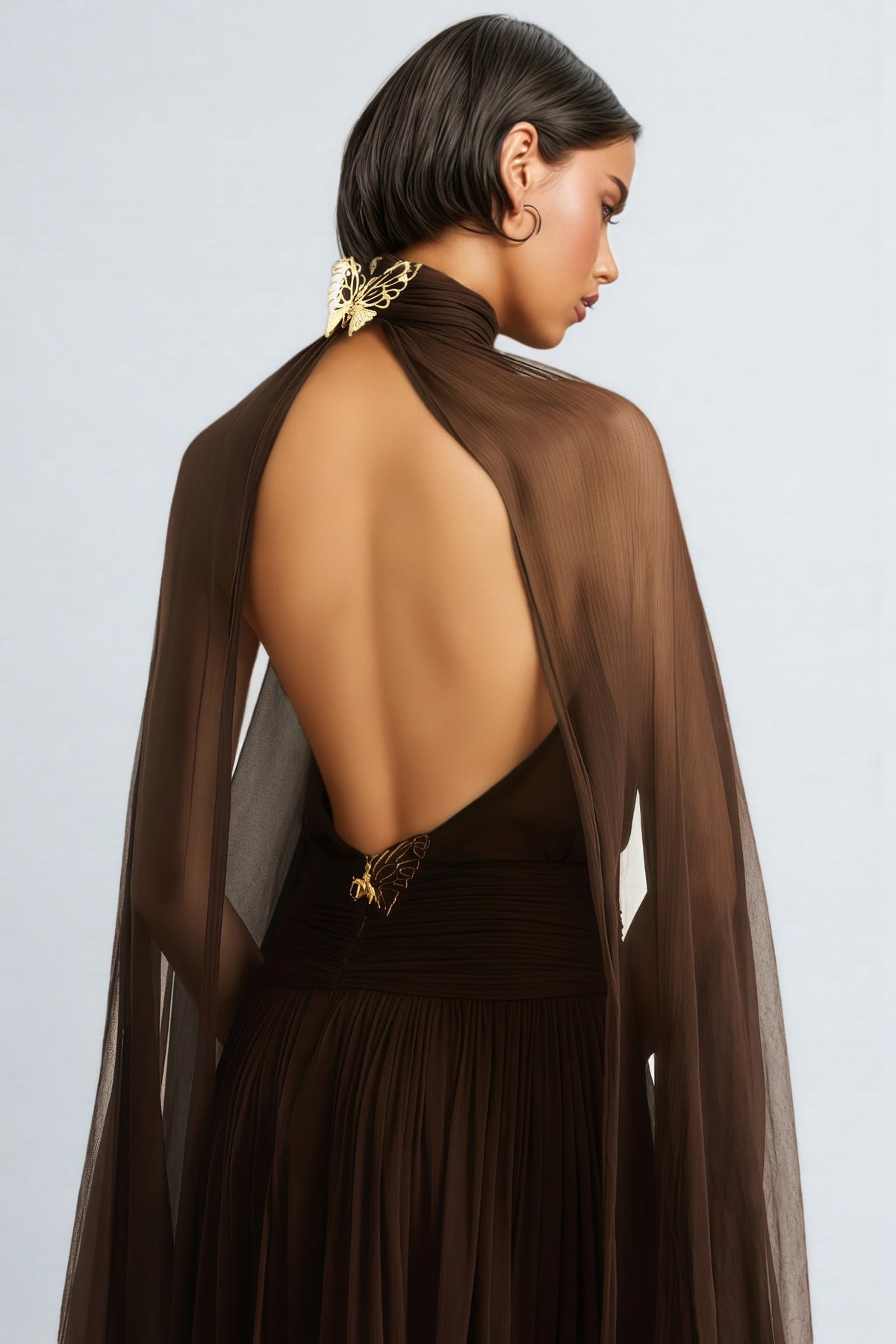 High Neck Sheer Cape Sleeve Ruched Waist Chiffon Maxi Gown 5