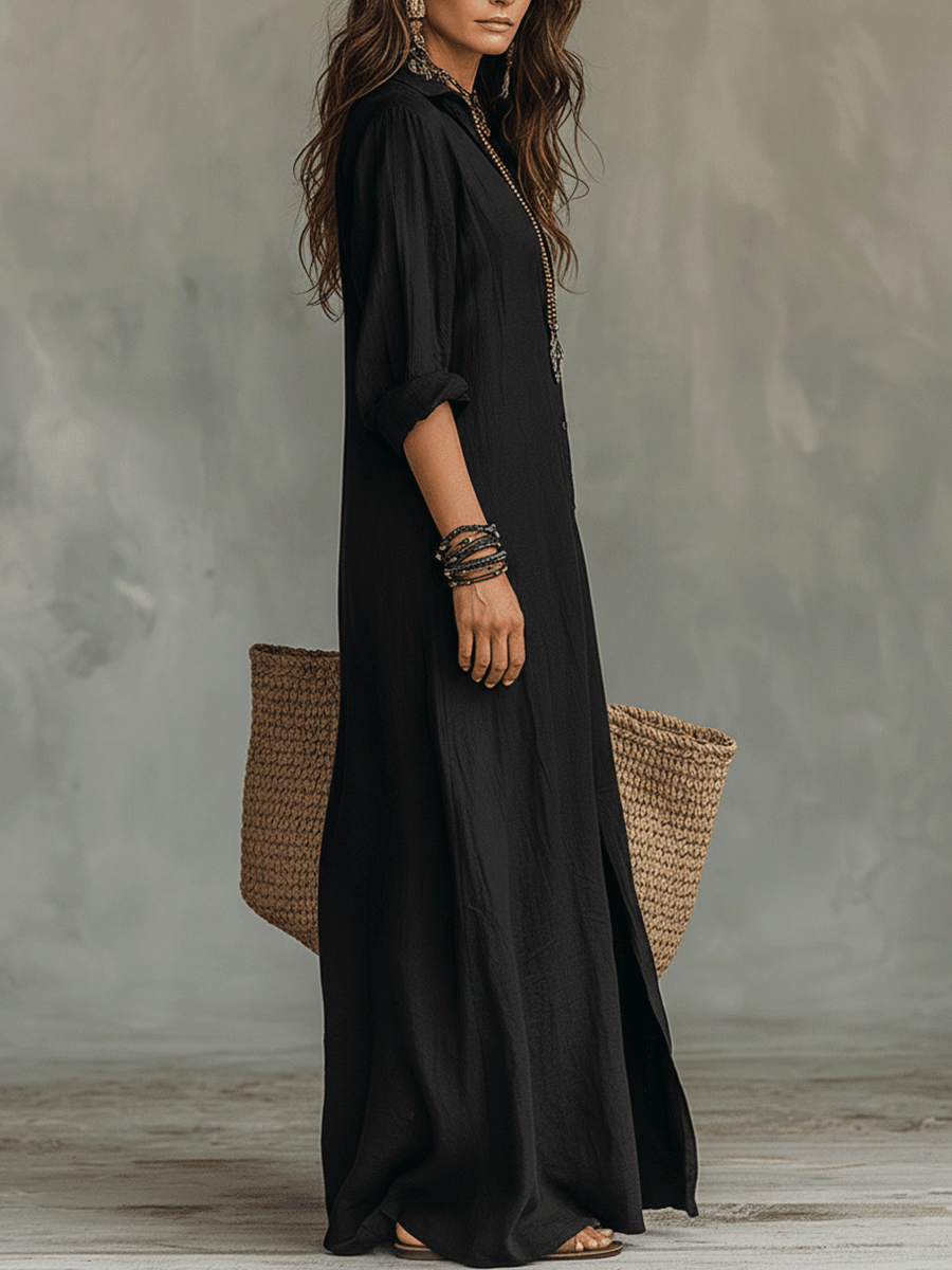 Button Front Long Sleeve Collared Maxi Shirt Dress