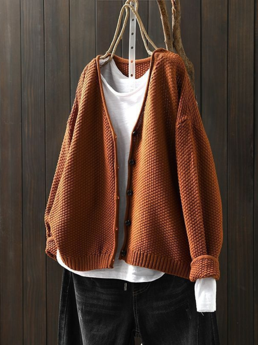 V-Neck Button Front Waffle Knit Cardigan