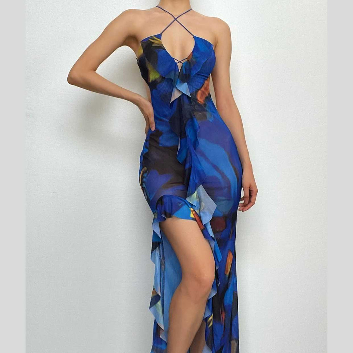 Abstract Print Mesh Cross Halter Neck Ruffle High Split Maxi Dress
