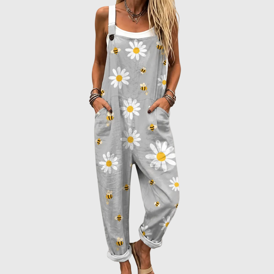 Daisy and Bee Print Wide Leg Dungaree Jumpsuit