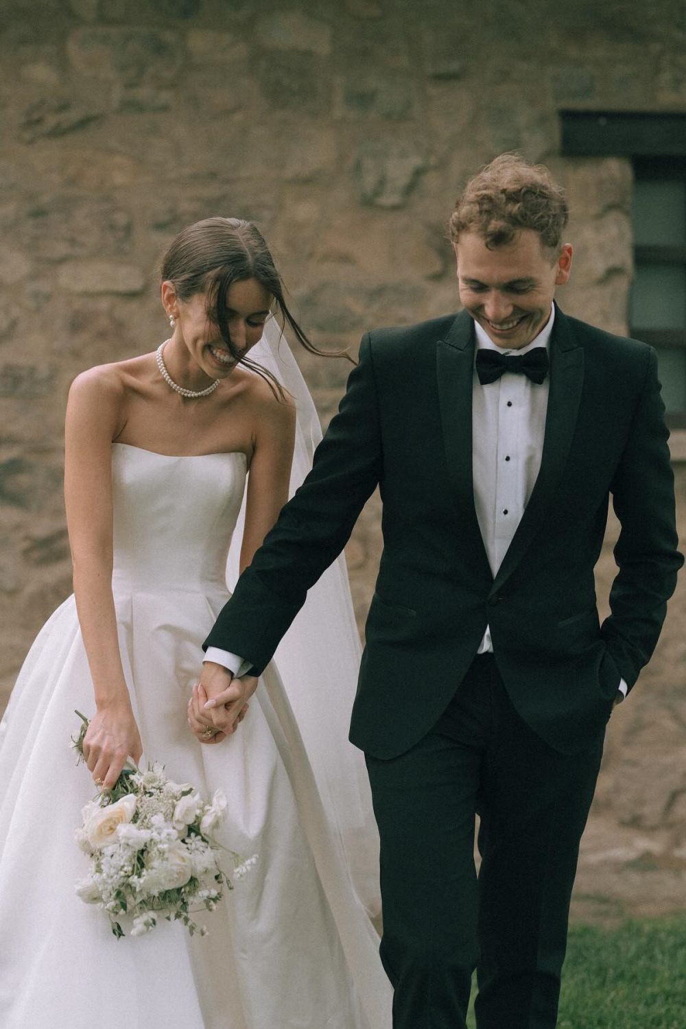 Simple A Line Strapless White Satin Wedding Dress with Sweep Train